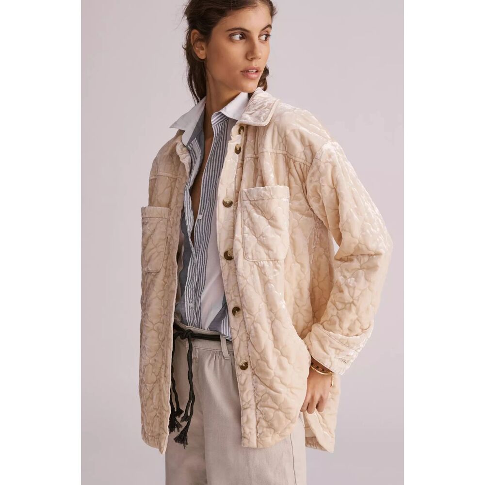 Anthropologie Cream Velvet Quilted Shacket | Oversized Button Front Jacket
